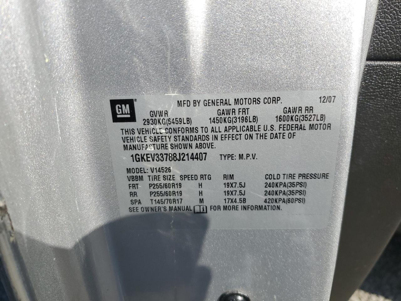 2008 GMC Acadia Slt-2 VIN: 1GKEV33788J214407 Lot: 81819495