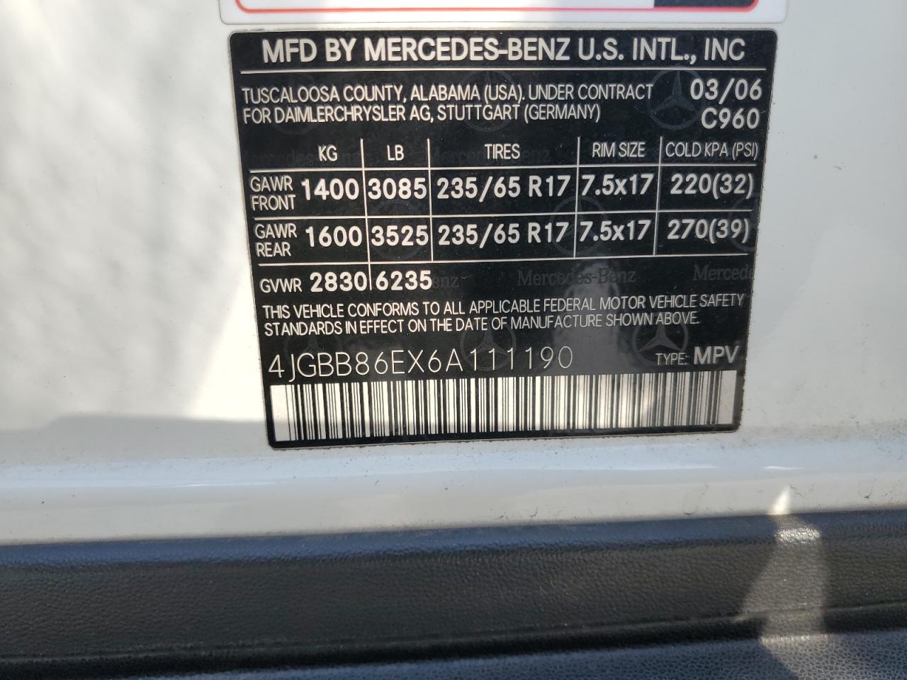 2006 Mercedes-Benz Ml 350 VIN: 4JGBB86EX6A111190 Lot: 89710165