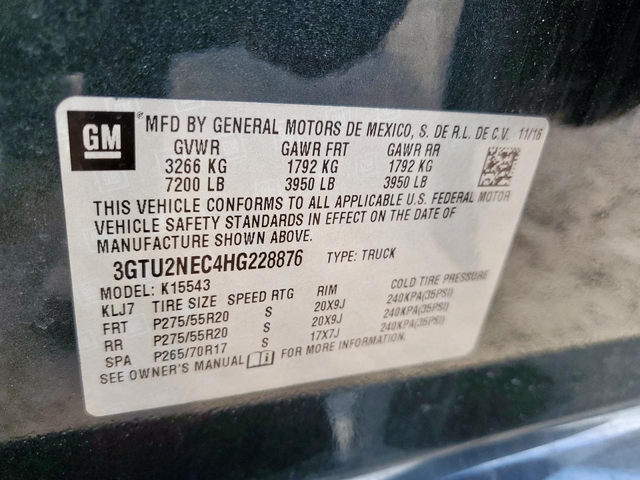 2017 GMC Sierra K1500 Slt VIN: 3GTU2NEC4HG228876 Lot: 84988395