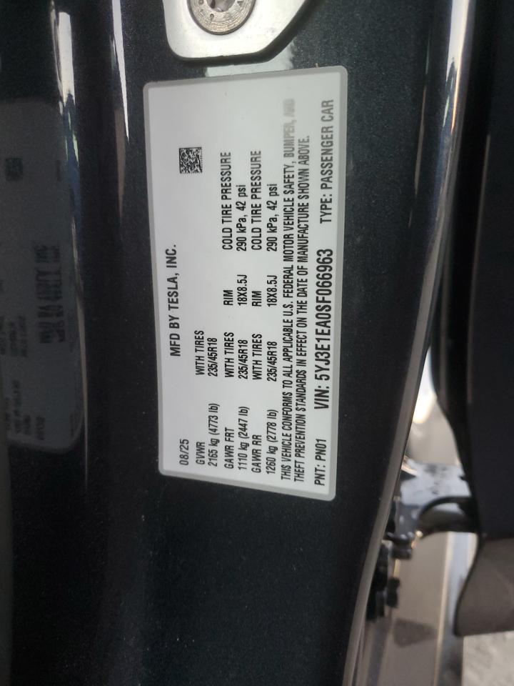 2025 Tesla Model 3 VIN: 5YJ3E1EA0SF066963 Lot: 89896415