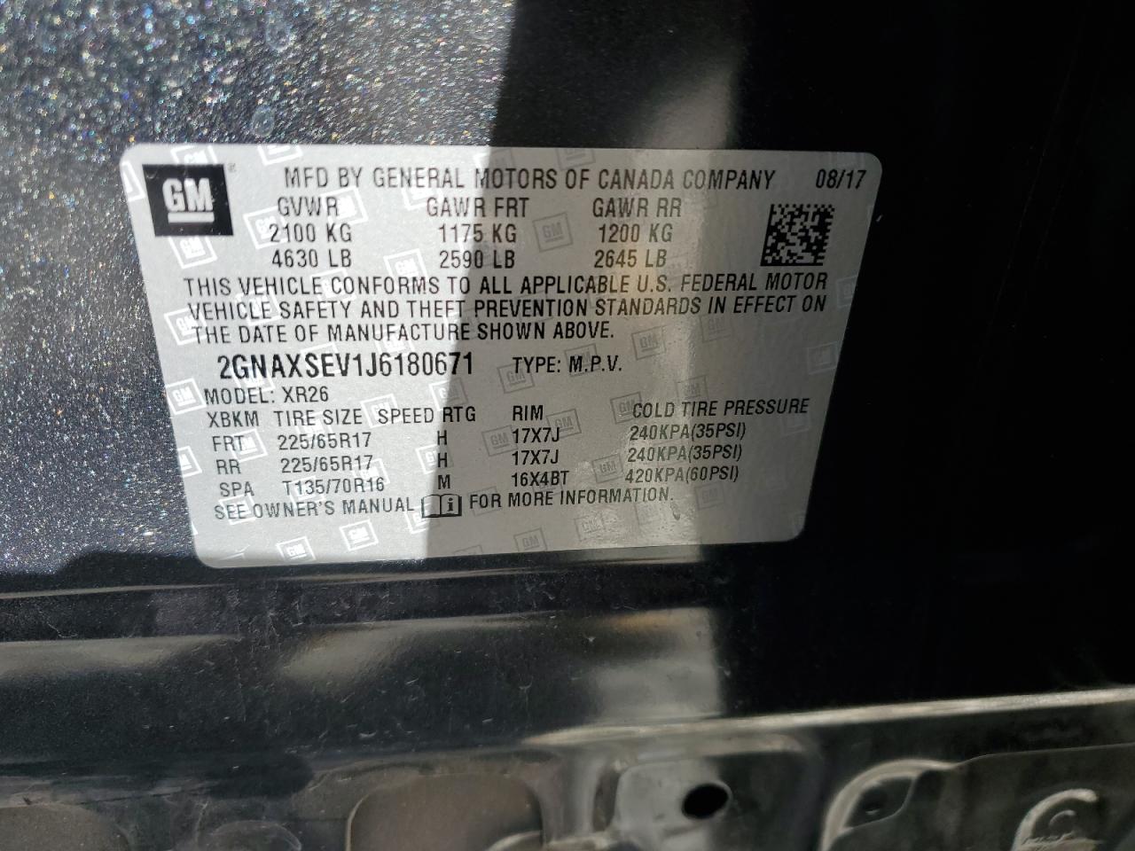 2018 Chevrolet Equinox Lt VIN: 2GNAXSEV1J6180671 Lot: 82223705