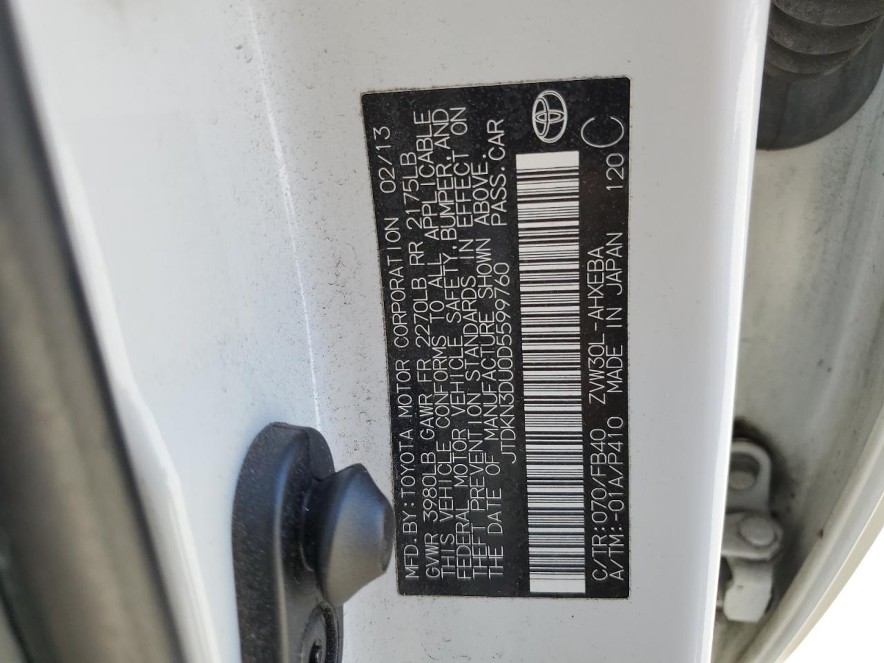 2013 Toyota Prius VIN: JTDKN3DU0D5599760 Lot: 82694915