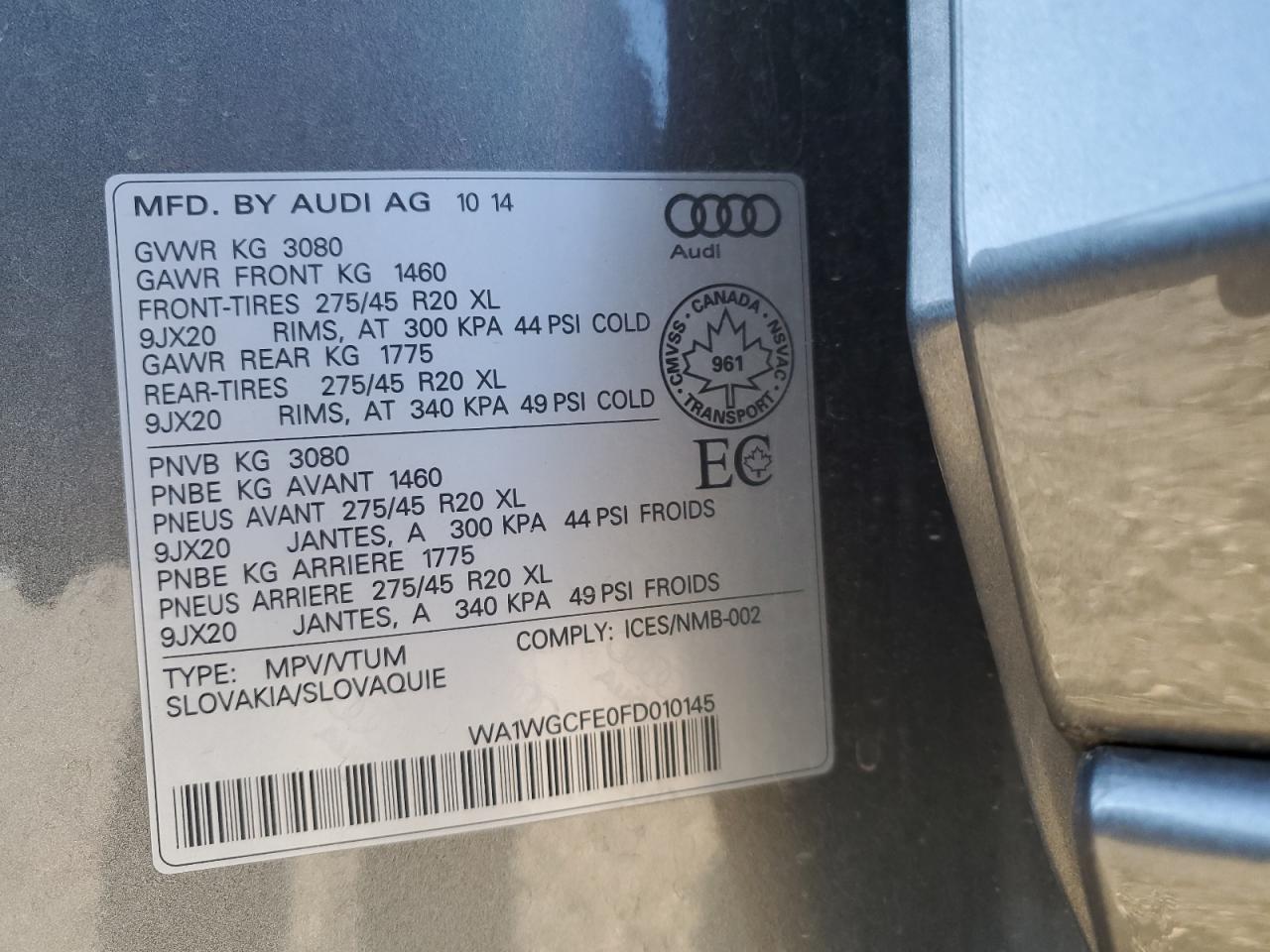 2015 Audi Q7 Prestige VIN: WA1WGCFE0FD010145 Lot: 90028635