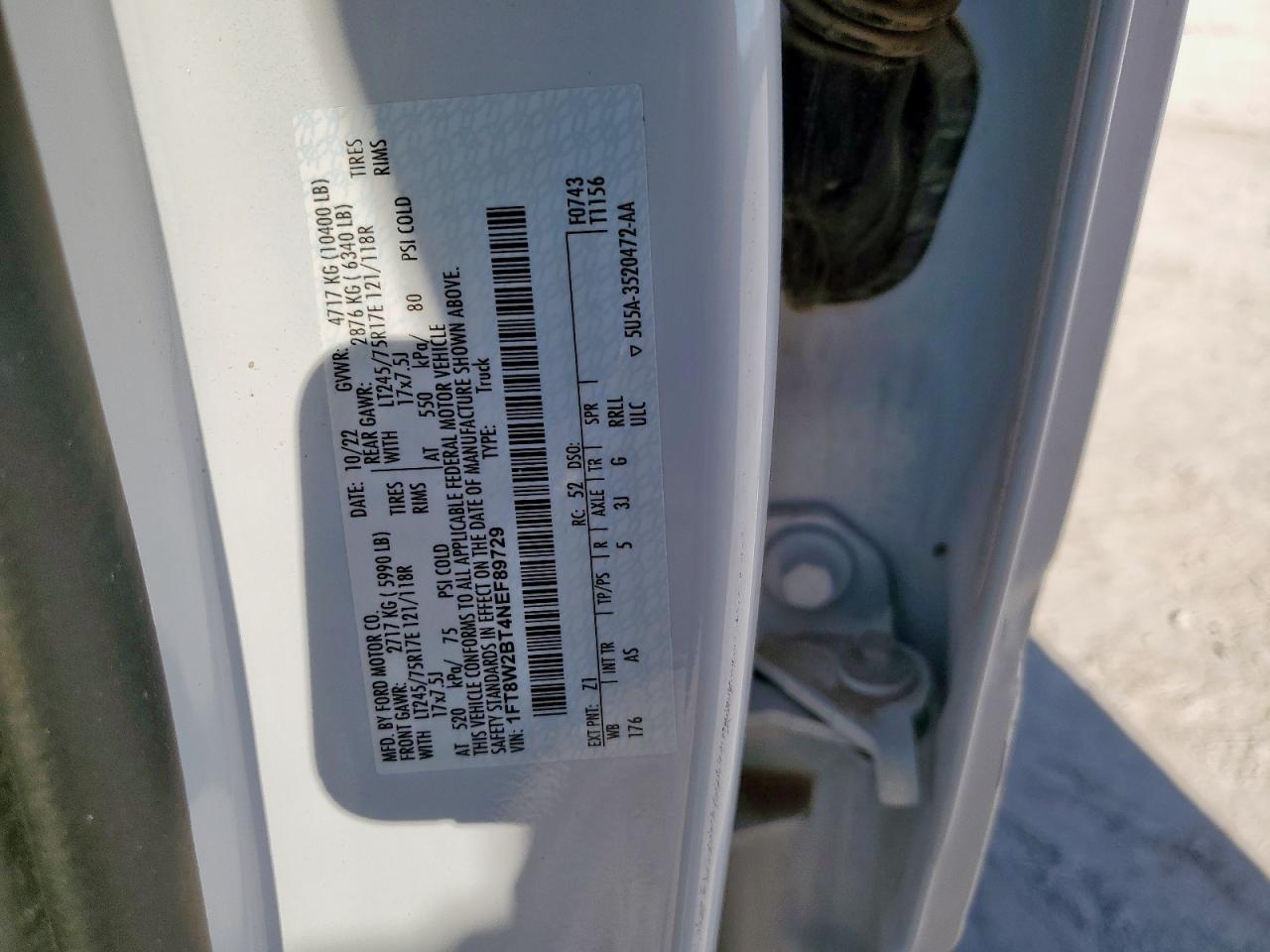 2022 Ford F250 Super Duty VIN: 1FT8W2BT4NEF89729 Lot: 86448515