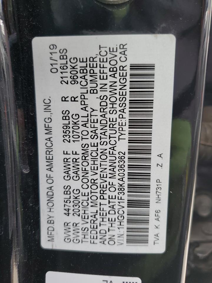 2019 Honda Accord Sport VIN: 1HGCV1F38KA036362 Lot: 86095405