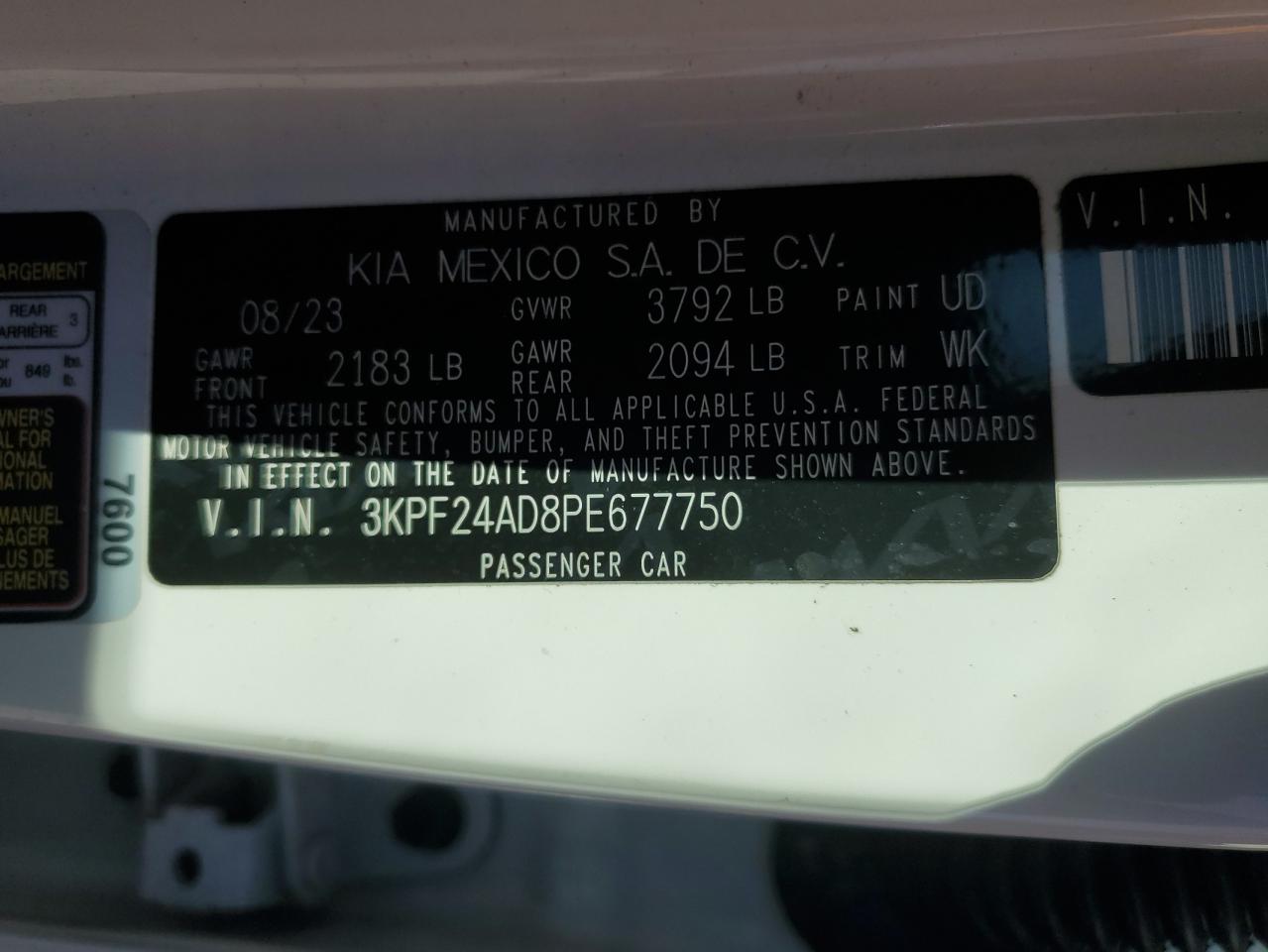 2023 Kia Forte Lx VIN: 3KPF24AD8PE677750 Lot: 87483785