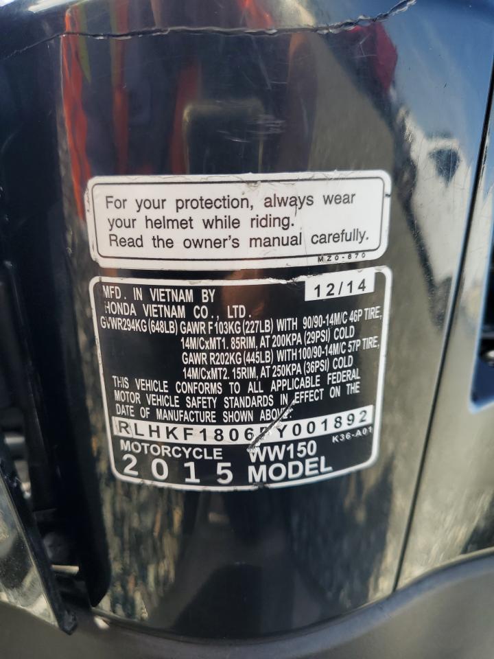 2015 Honda Pcx 150 VIN: RLHKF1806FY001892 Lot: 82650095