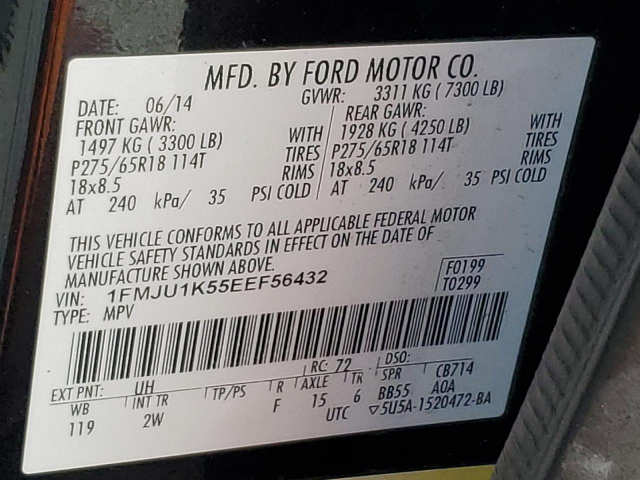 2014 Ford Expedition Limited VIN: 1FMJU1K55EEF56432 Lot: 86317285