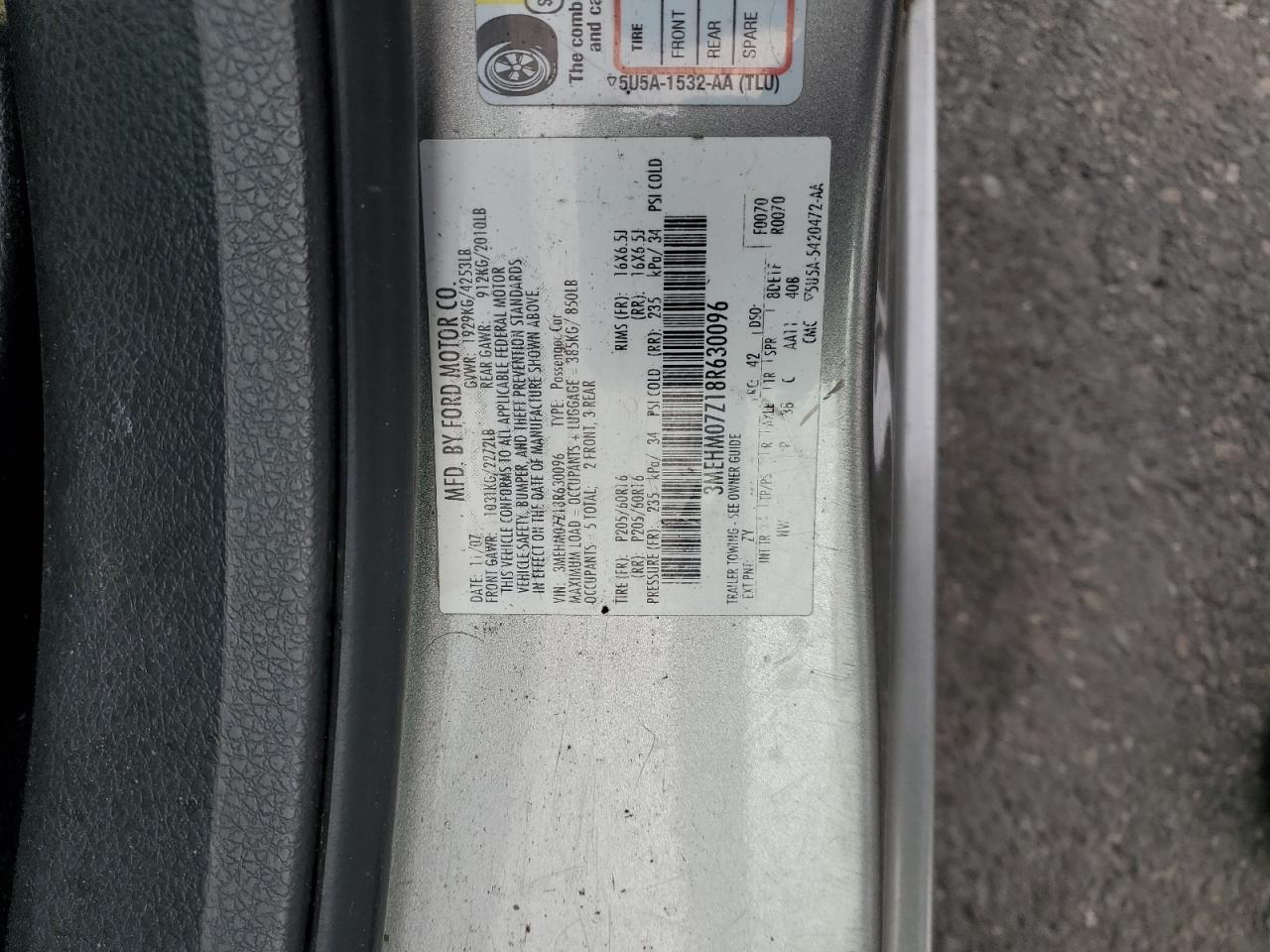 2008 Mercury Milan VIN: 3MEHM07Z18R630096 Lot: 85396835