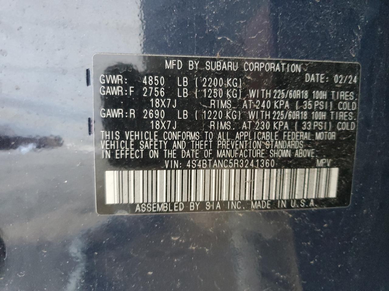 2024 Subaru Outback Limited VIN: 4S4BTANC5R3241360 Lot: 84982455