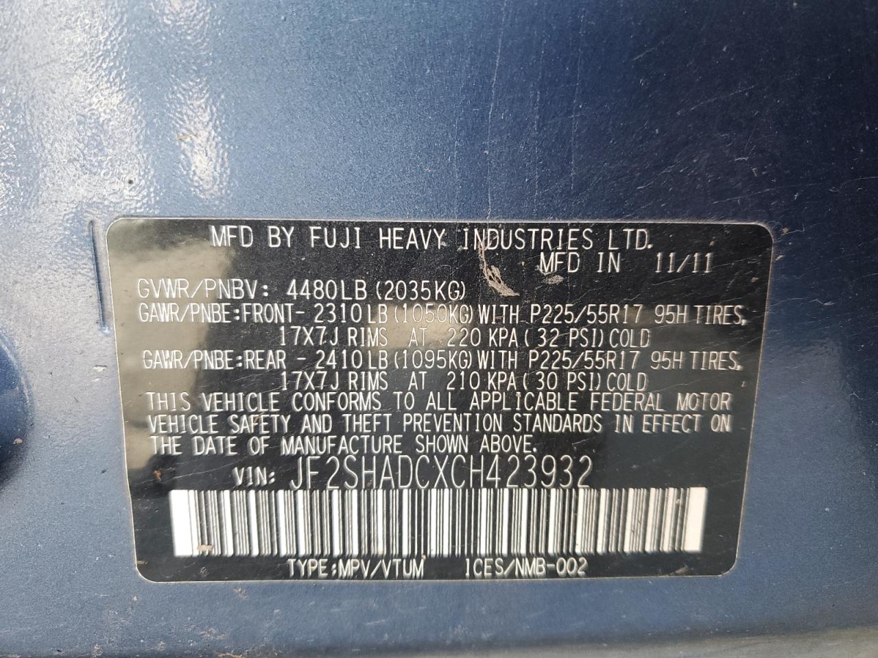 2012 Subaru Forester 2.5X Premium VIN: JF2SHADCXCH423932 Lot: 86510665