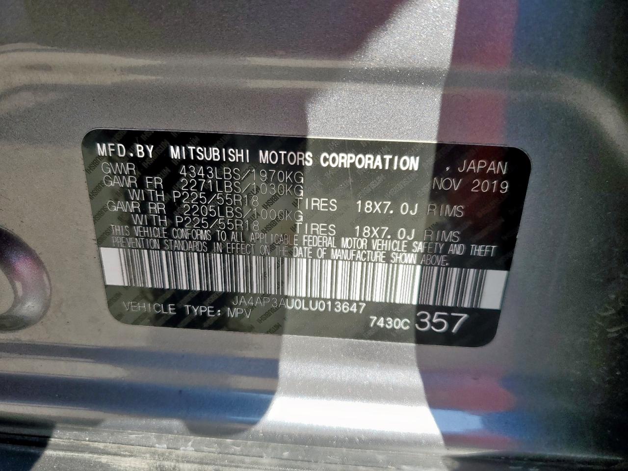 2020 Mitsubishi Outlander Sport Es VIN: JA4AP3AU0LU013647 Lot: 85552245