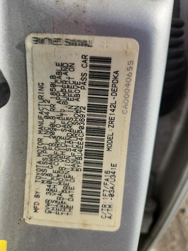 2012 Toyota Corolla Base VIN: 5YFBU4EE4CP036972 Lot: 82225435