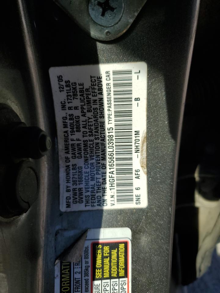 2006 Honda Civic Lx VIN: 1HGFA16566L039815 Lot: 87439695