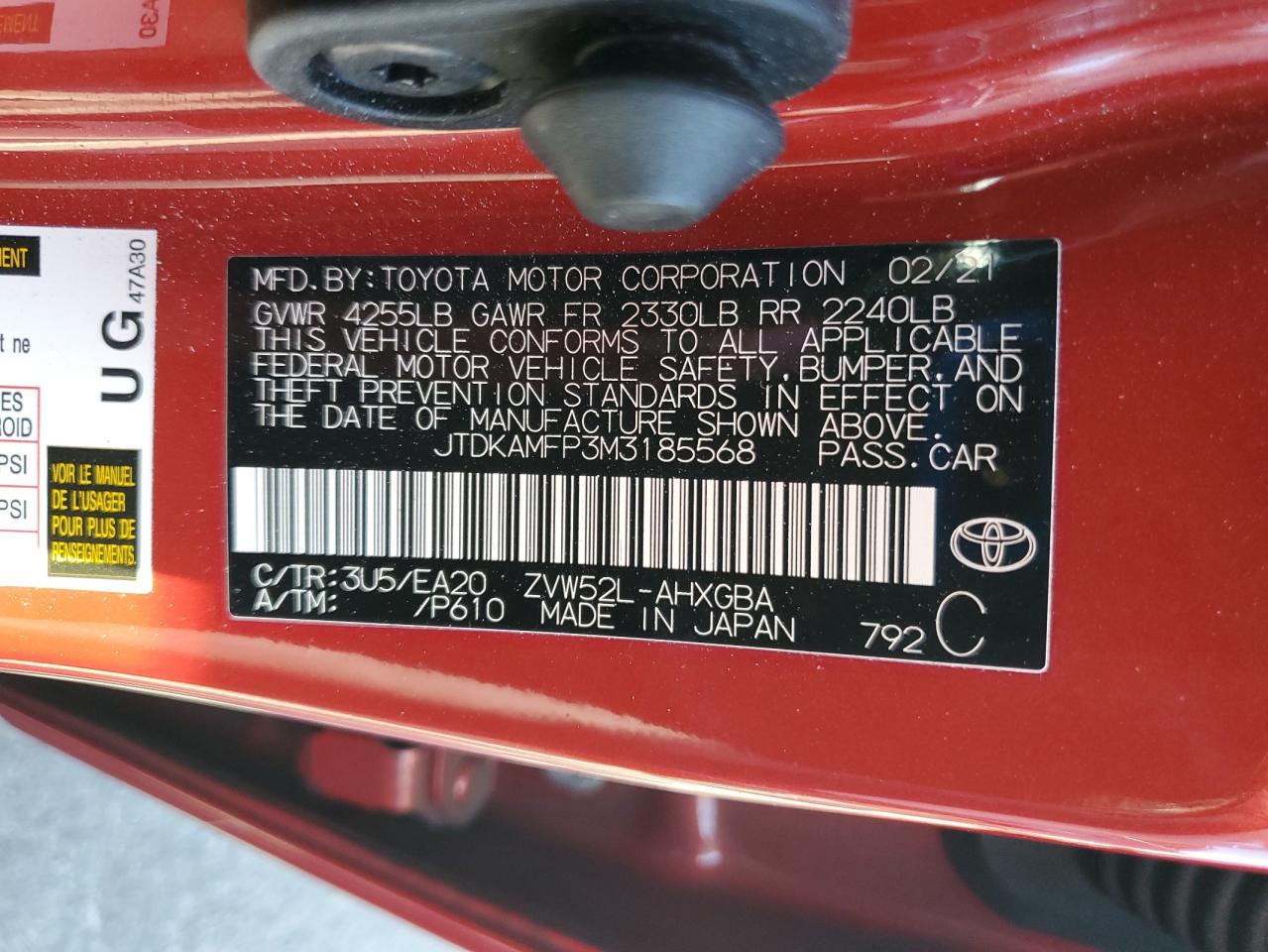 2021 Toyota Prius Prime Le VIN: JTDKAMFP3M3185568 Lot: 85565485