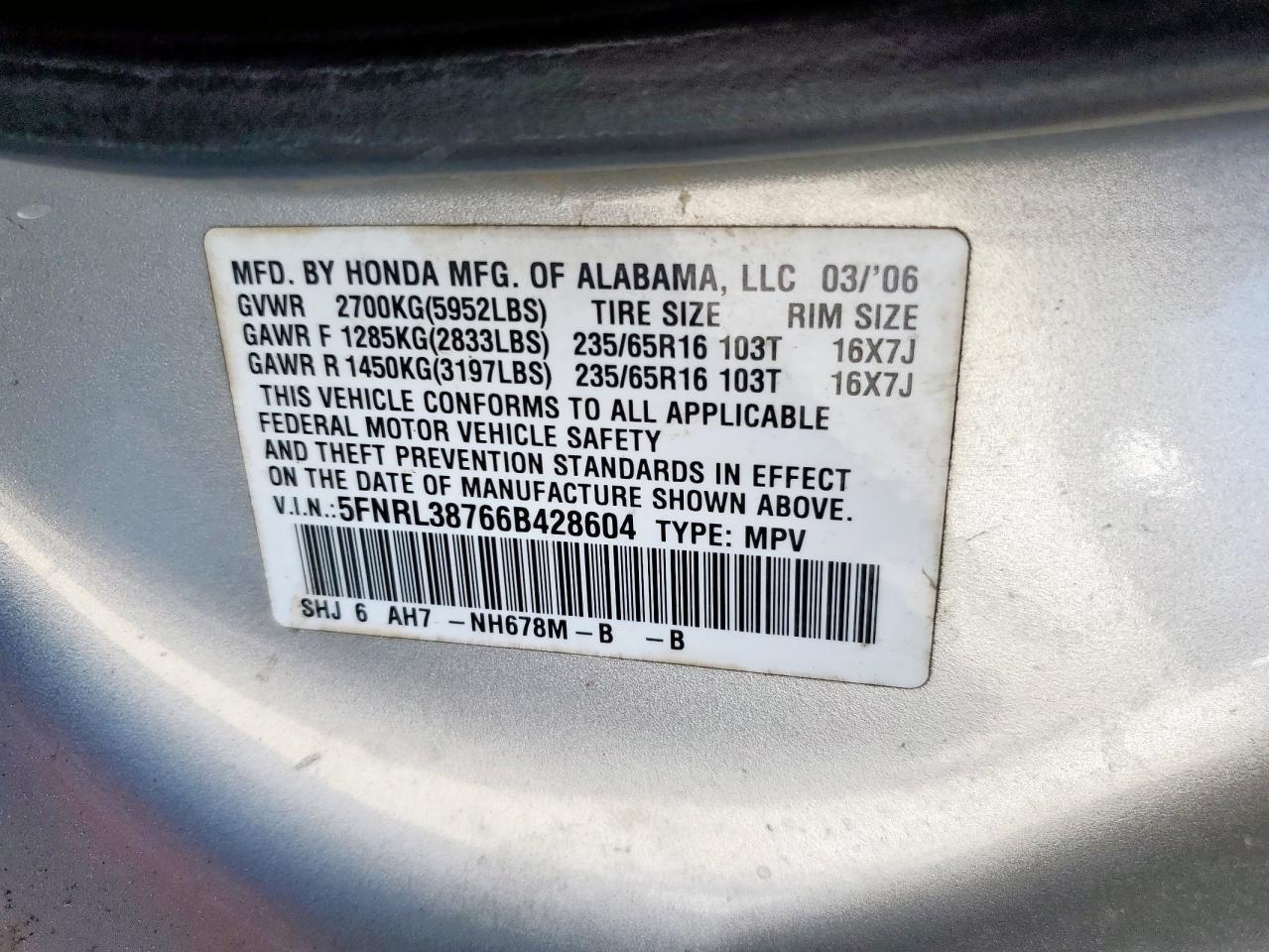 2006 Honda Odyssey Exl VIN: 5FNRL38766B428604 Lot: 86267465