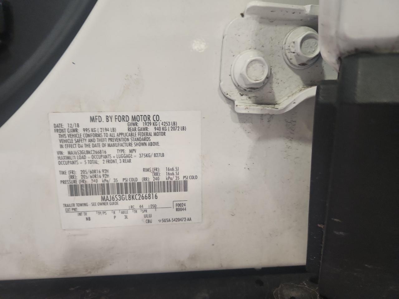 2019 Ford Ecosport Se VIN: MAJ6S3GL8KC266816 Lot: 87275395