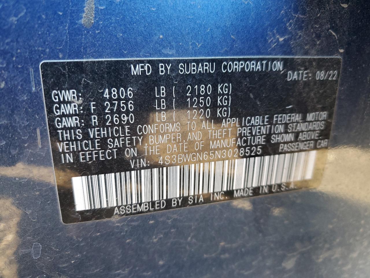 2022 Subaru Legacy Limited Xt VIN: 4S3BWGN65N3028525 Lot: 90642435