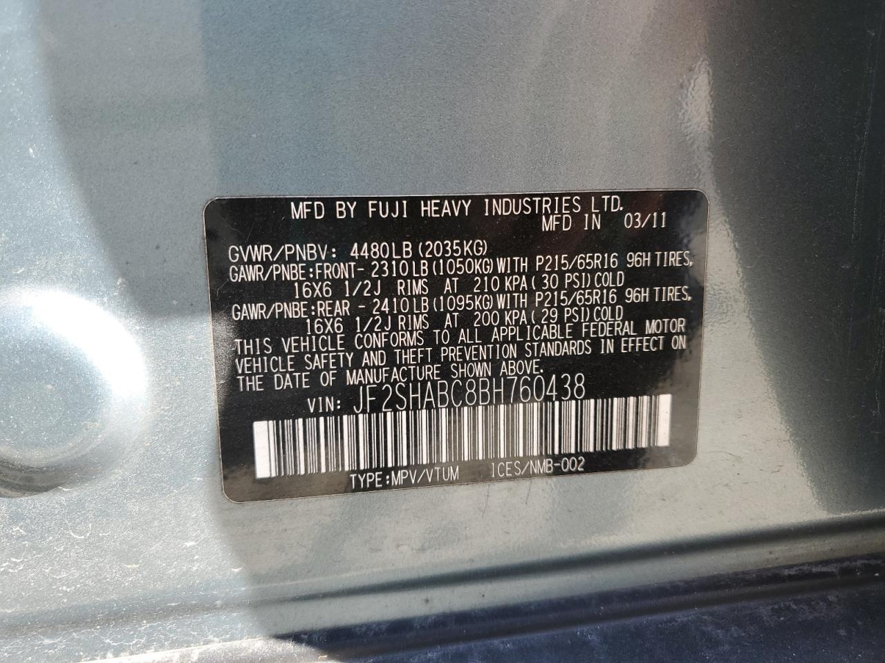 2011 Subaru Forester 2.5X VIN: JF2SHABC8BH760438 Lot: 86194145