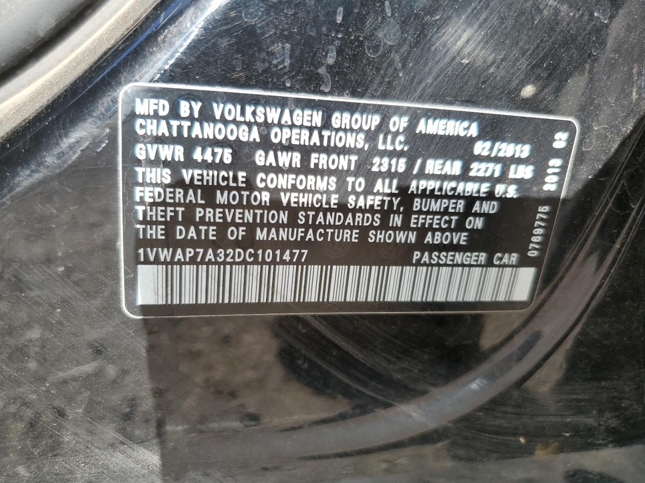 2013 Volkswagen Passat S VIN: 1VWAP7A32DC101477 Lot: 86303555