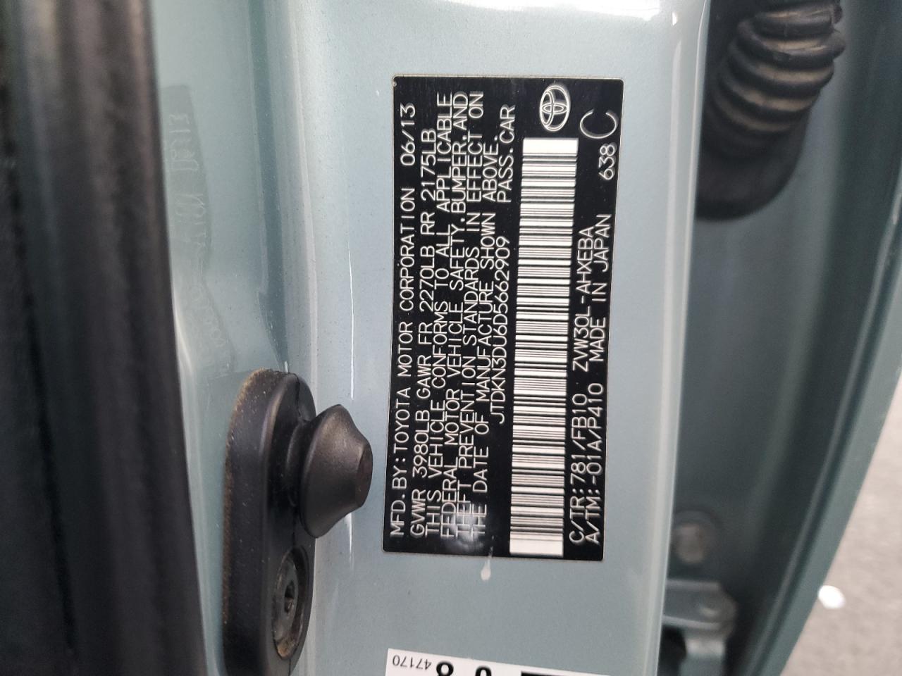 2013 Toyota Prius VIN: JTDKN3DU6D5662909 Lot: 72013055