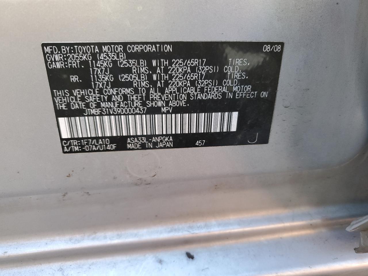 2009 Toyota Rav4 Limited VIN: JTMBF31V39D000437 Lot: 82005275