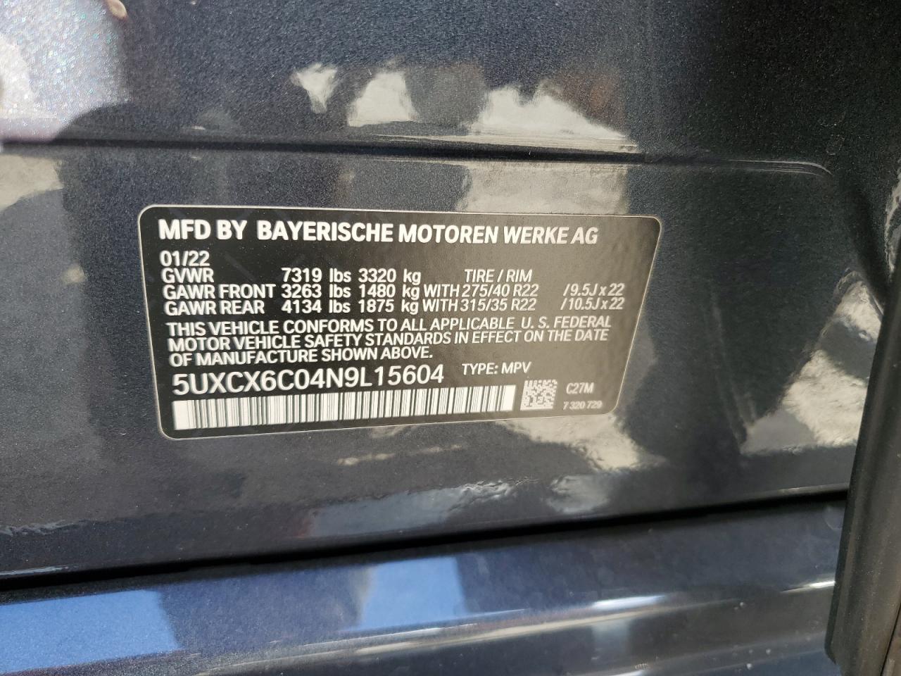 2022 BMW X7 M50I VIN: 5UXCX6C04N9L15604 Lot: 82306835