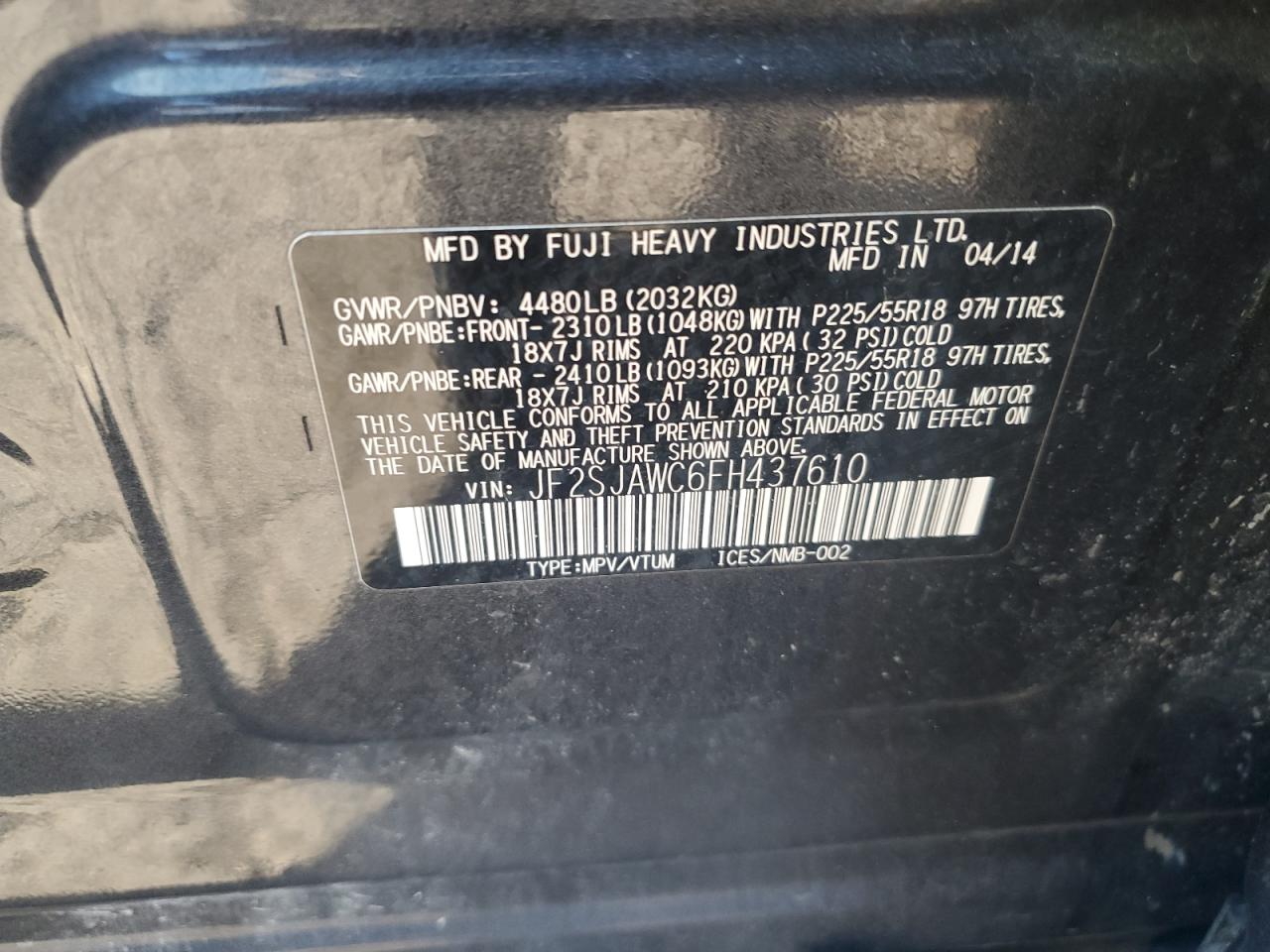 2015 Subaru Forester 2.5I Touring VIN: JF2SJAWC6FH437610 Lot: 85389825