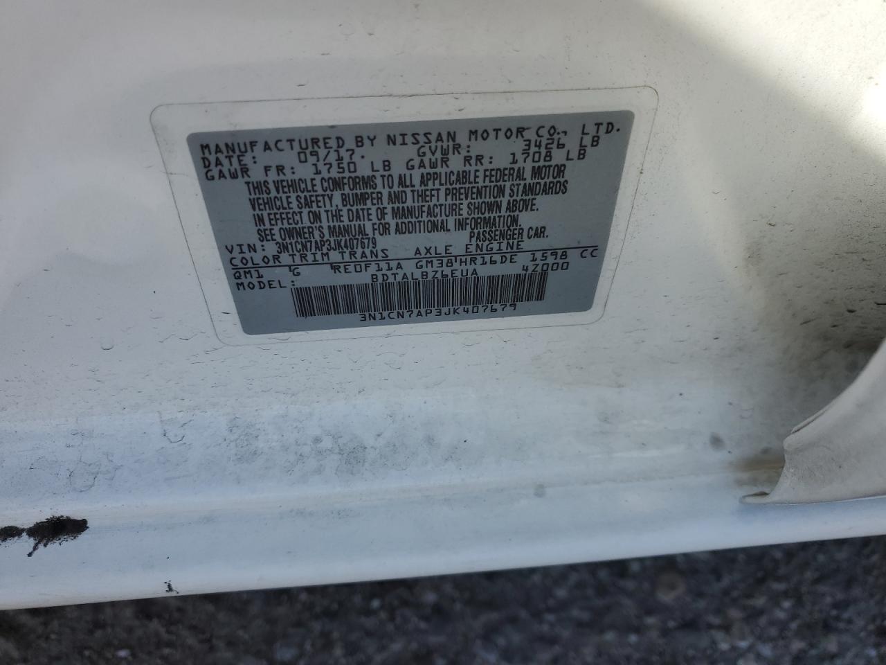 2018 Nissan Versa S VIN: 3N1CN7AP3JK407679 Lot: 84071135