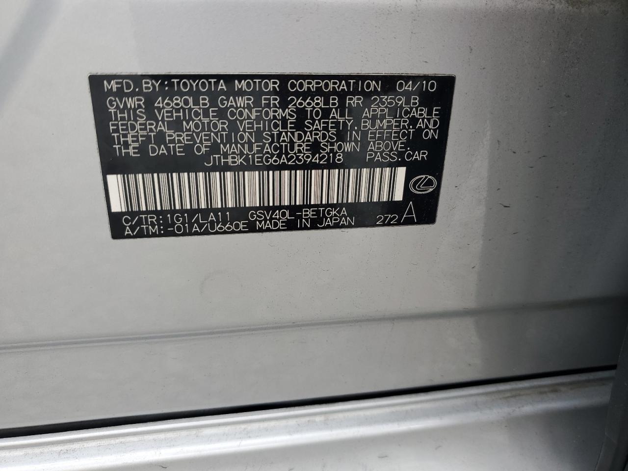 2010 Lexus Es 350 VIN: JTHBK1EG6A2394218 Lot: 86305205