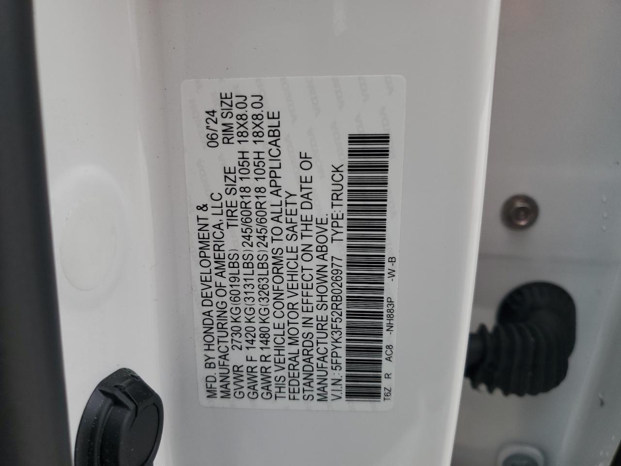 2024 Honda Ridgeline Rtl VIN: 5FPYK3F52RB026977 Lot: 84478865