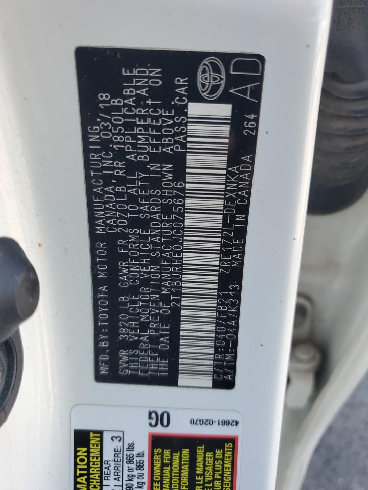 2018 Toyota Corolla L VIN: 2T1BURHE0JC075676 Lot: 85409465