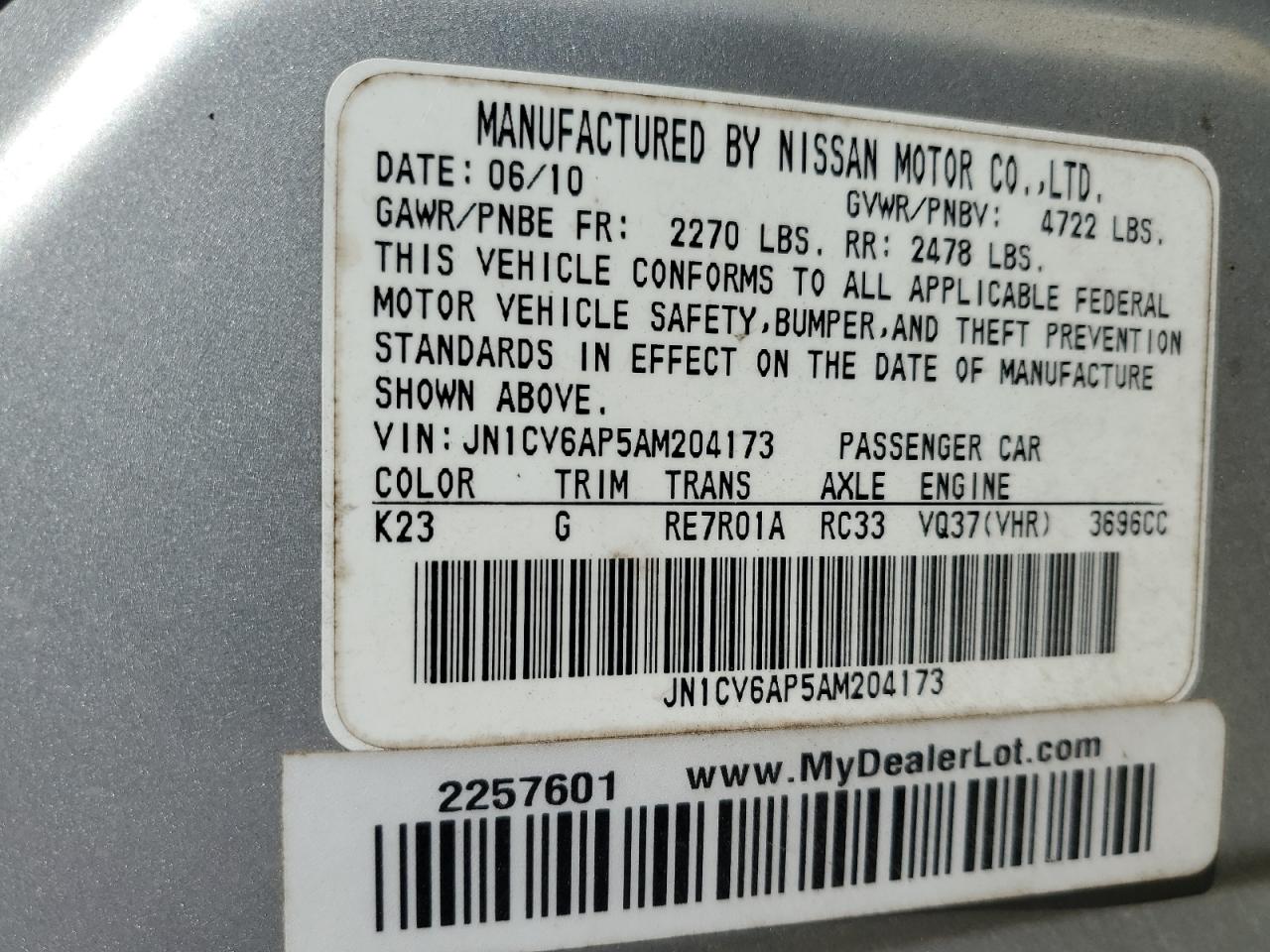 2010 Infiniti G37 Base VIN: JN1CV6AP5AM204173 Lot: 84574175