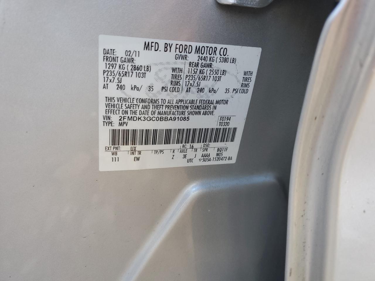 2011 Ford Edge Se VIN: 2FMDK3GC0BBA91085 Lot: 82274795
