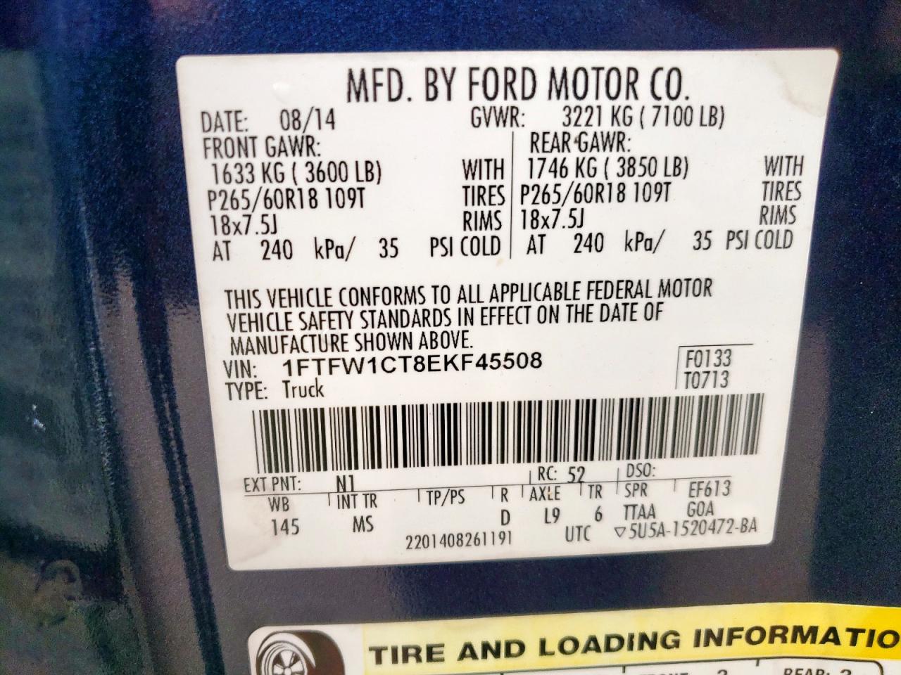 2014 Ford F150 Supercrew VIN: 1FTFW1CT8EKF45508 Lot: 90520965