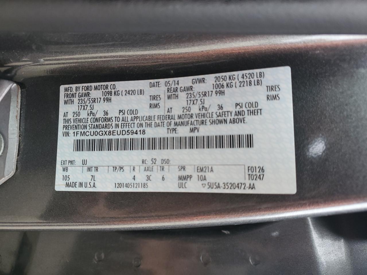 2014 Ford Escape Se VIN: 1FMCU0GX8EUD59418 Lot: 86536525