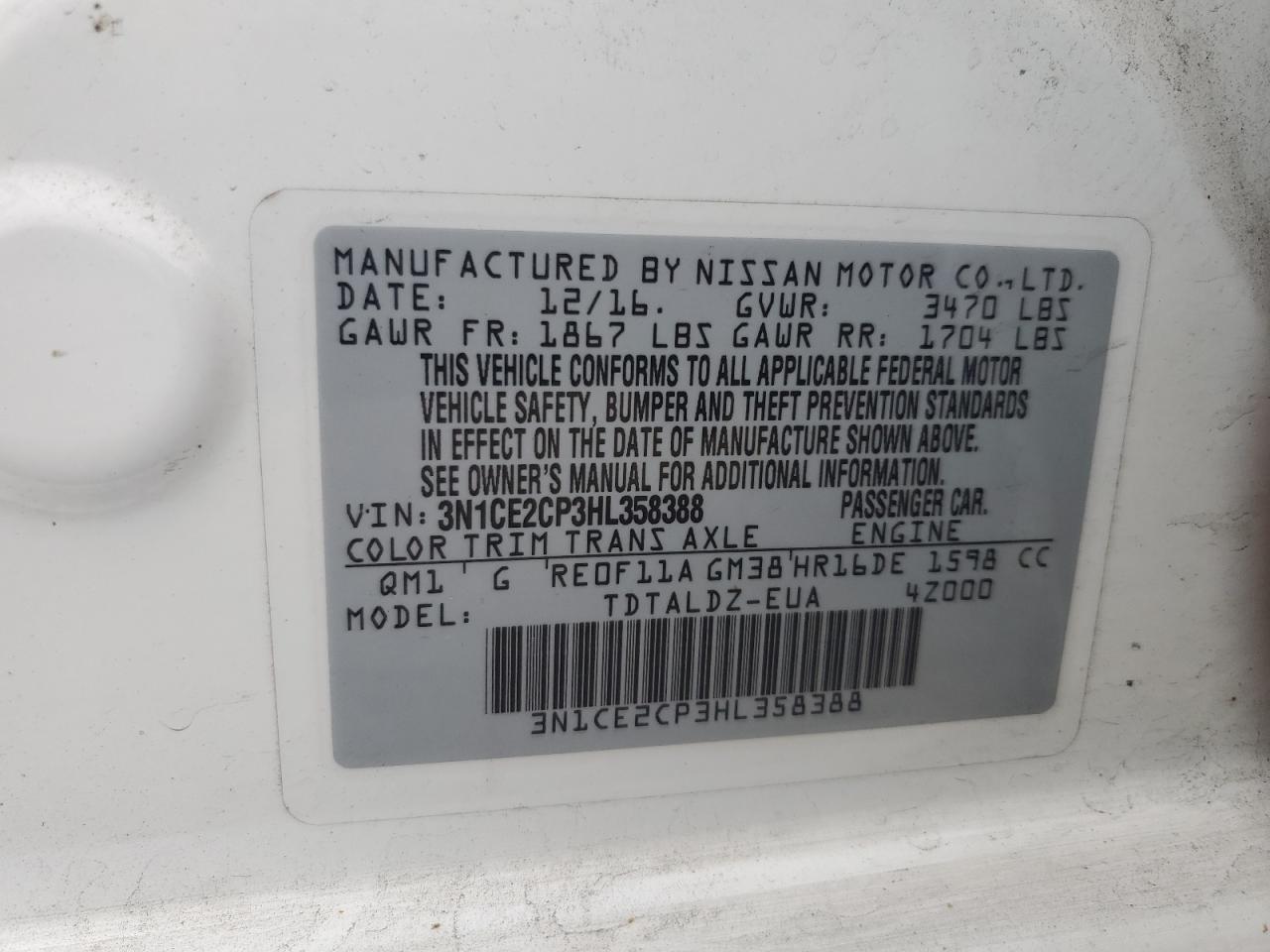 2017 Nissan Versa Note S VIN: 3N1CE2CP3HL358388 Lot: 85946675