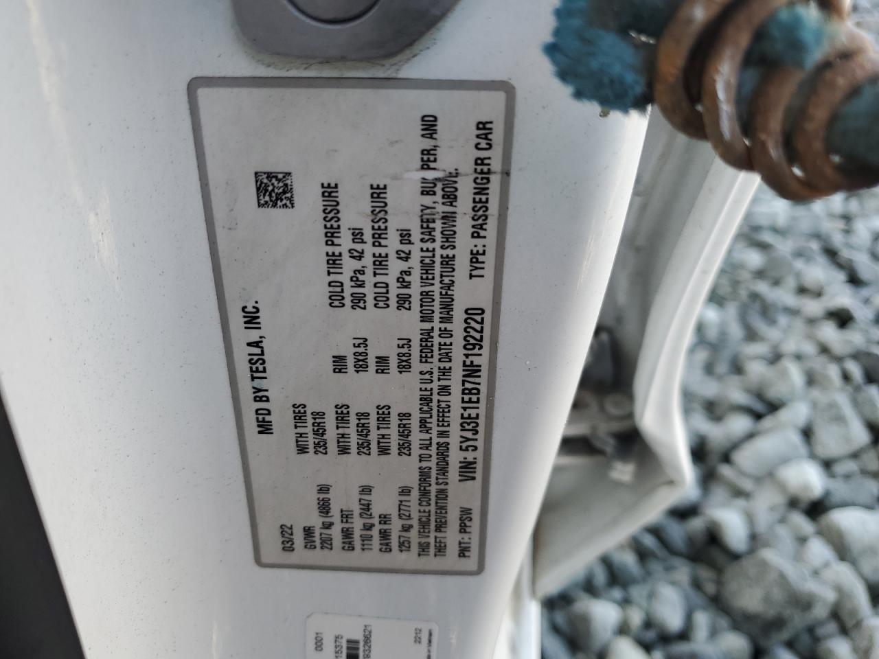 2022 Tesla Model 3 VIN: 5YJ3E1EB7NF192220 Lot: 82641085