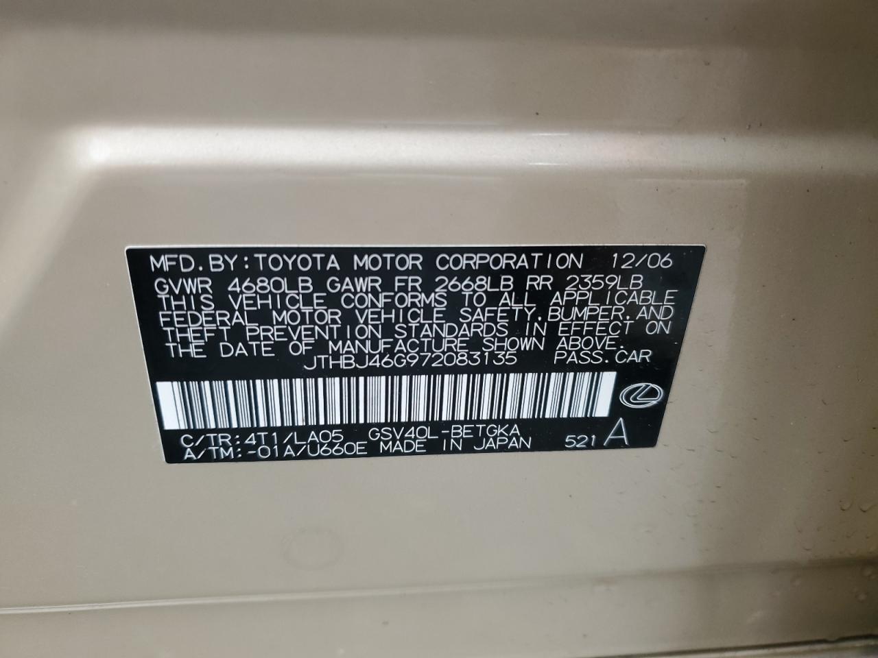 2007 Lexus Es 350 VIN: JTHBJ46G972083135 Lot: 86321415