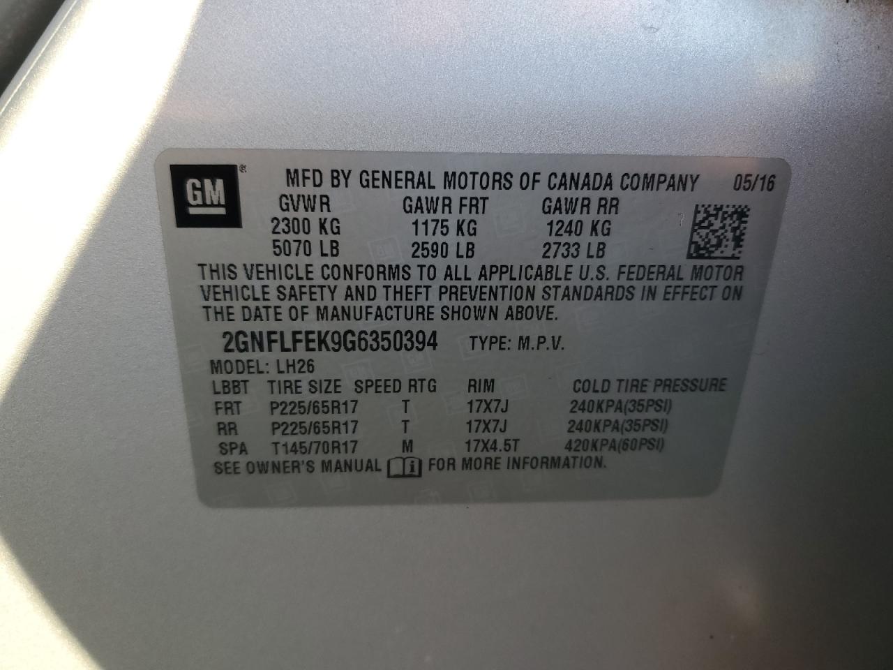 2016 Chevrolet Equinox Lt VIN: 2GNFLFEK9G6350394 Lot: 85882915