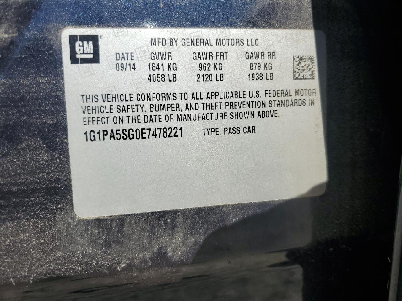 2014 Chevrolet Cruze Ls VIN: 1G1PA5SG0E7478221 Lot: 84741845
