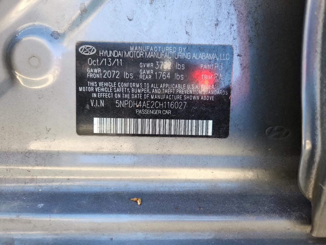 2012 Hyundai Elantra Gls VIN: 5NPDH4AE2CH116027 Lot: 86859435