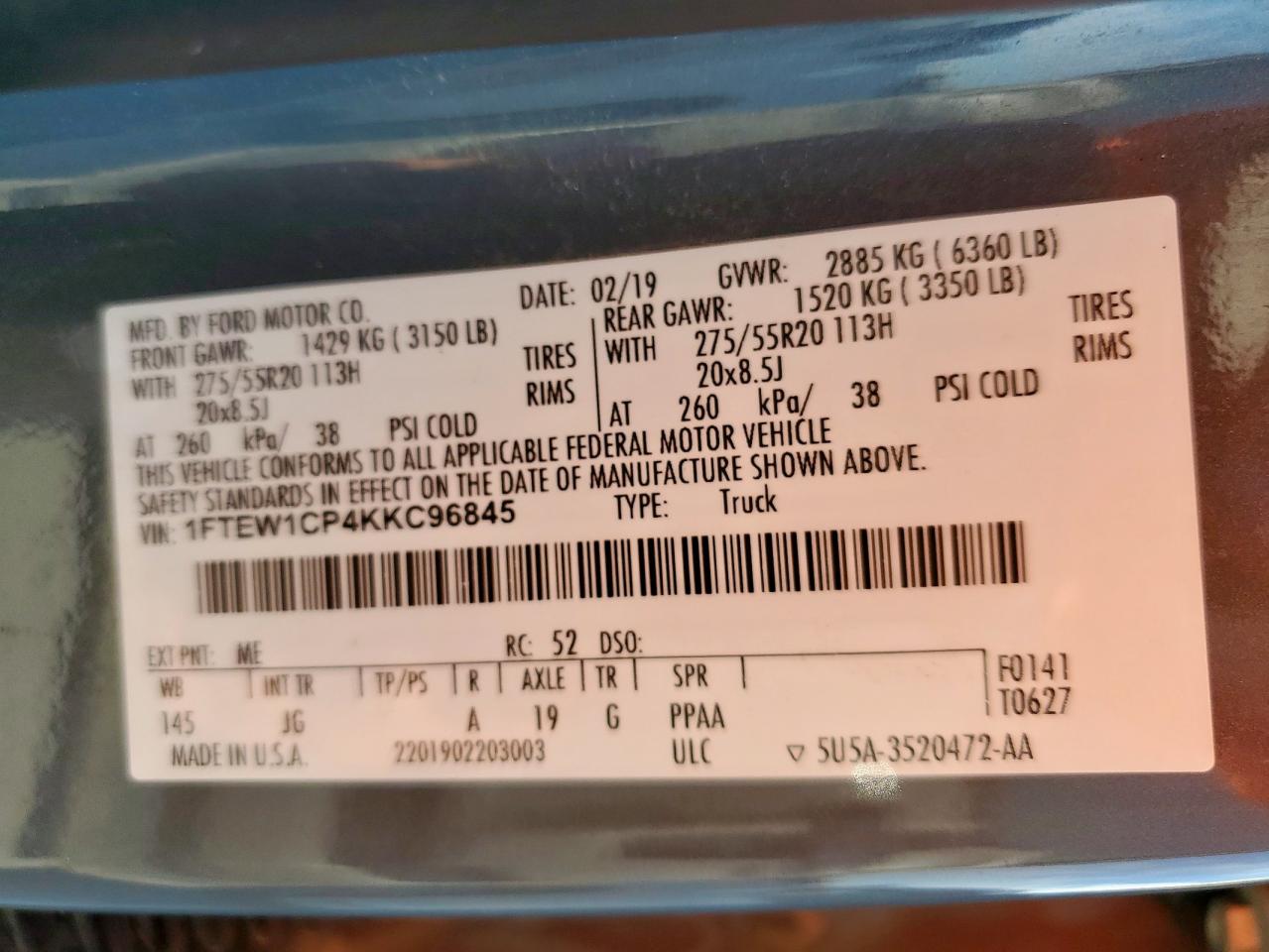 2019 Ford F150 Supercrew VIN: 1FTEW1CP4KKC96845 Lot: 84988485