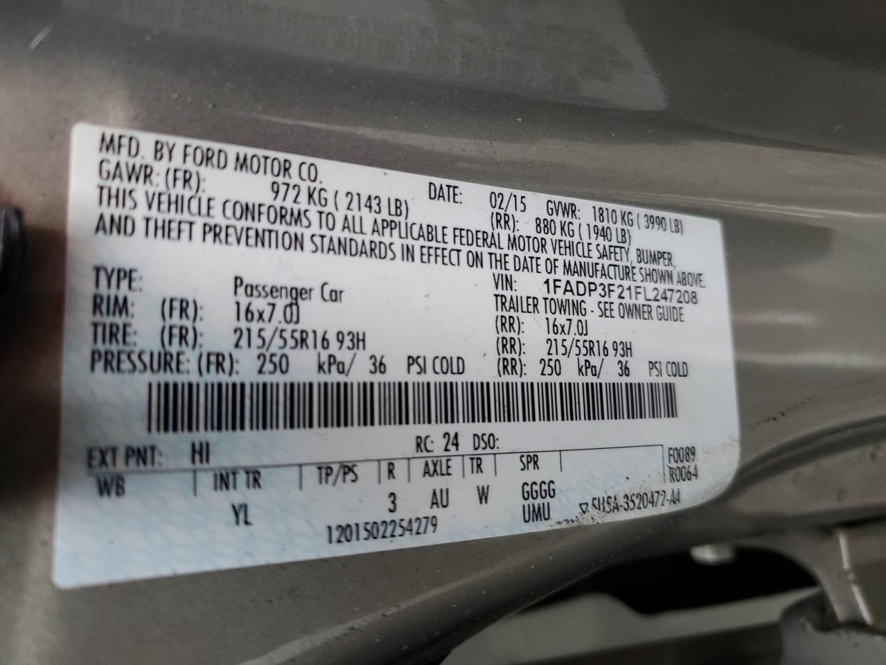 2015 Ford Focus Se VIN: 1FADP3F21FL247208 Lot: 85672075