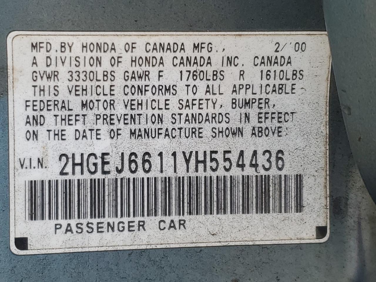2000 Honda Civic Base VIN: 2HGEJ6611YH554436 Lot: 85293575
