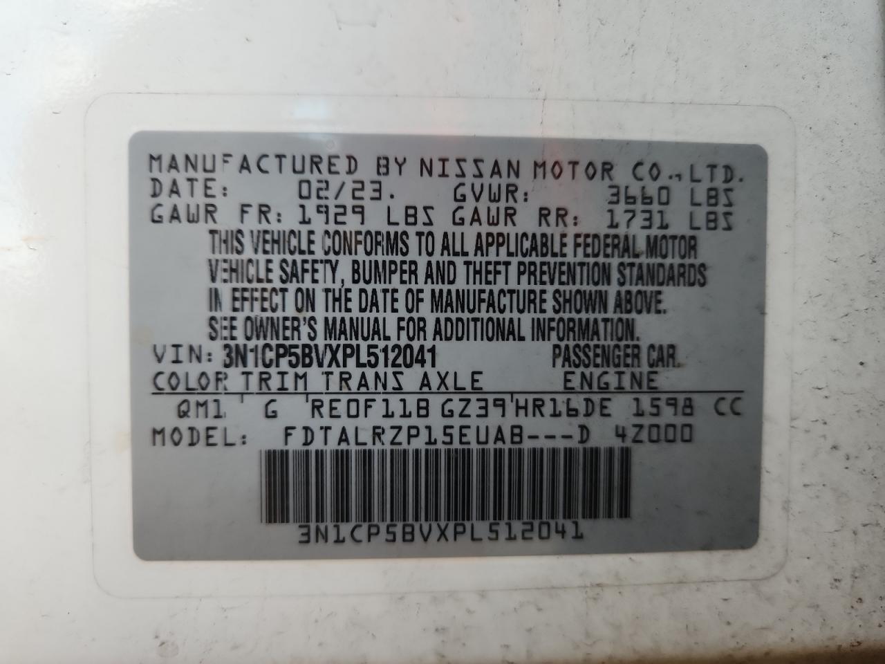 2023 Nissan Kicks S VIN: 3N1CP5BVXPL512041 Lot: 85741905