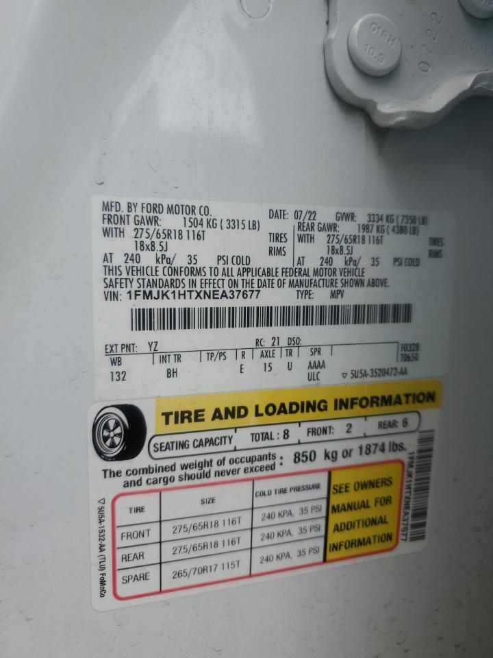 2022 Ford Expedition Max Xlt VIN: 1FMJK1HTXNEA37677 Lot: 85588715