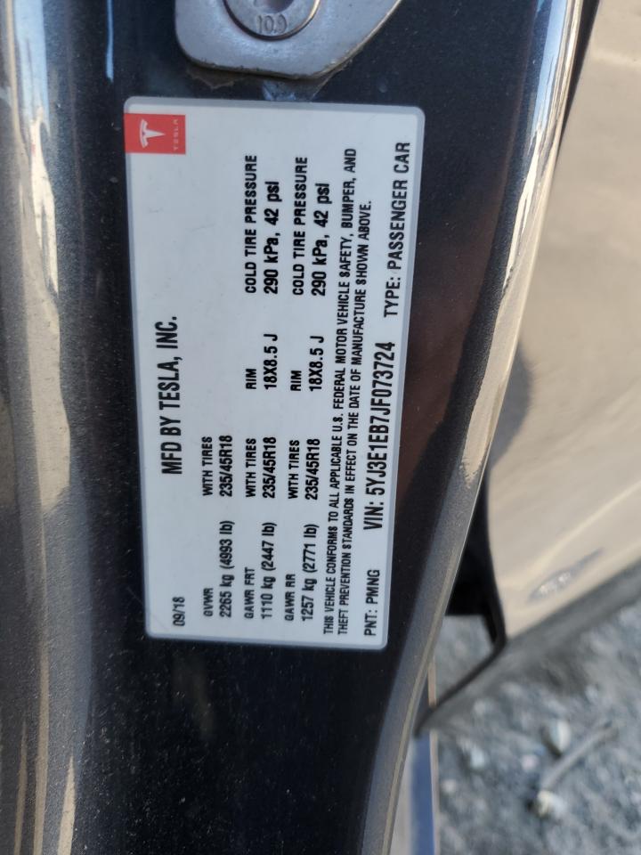 2018 Tesla Model 3 VIN: 5YJ3E1EB7JF073724 Lot: 87224835