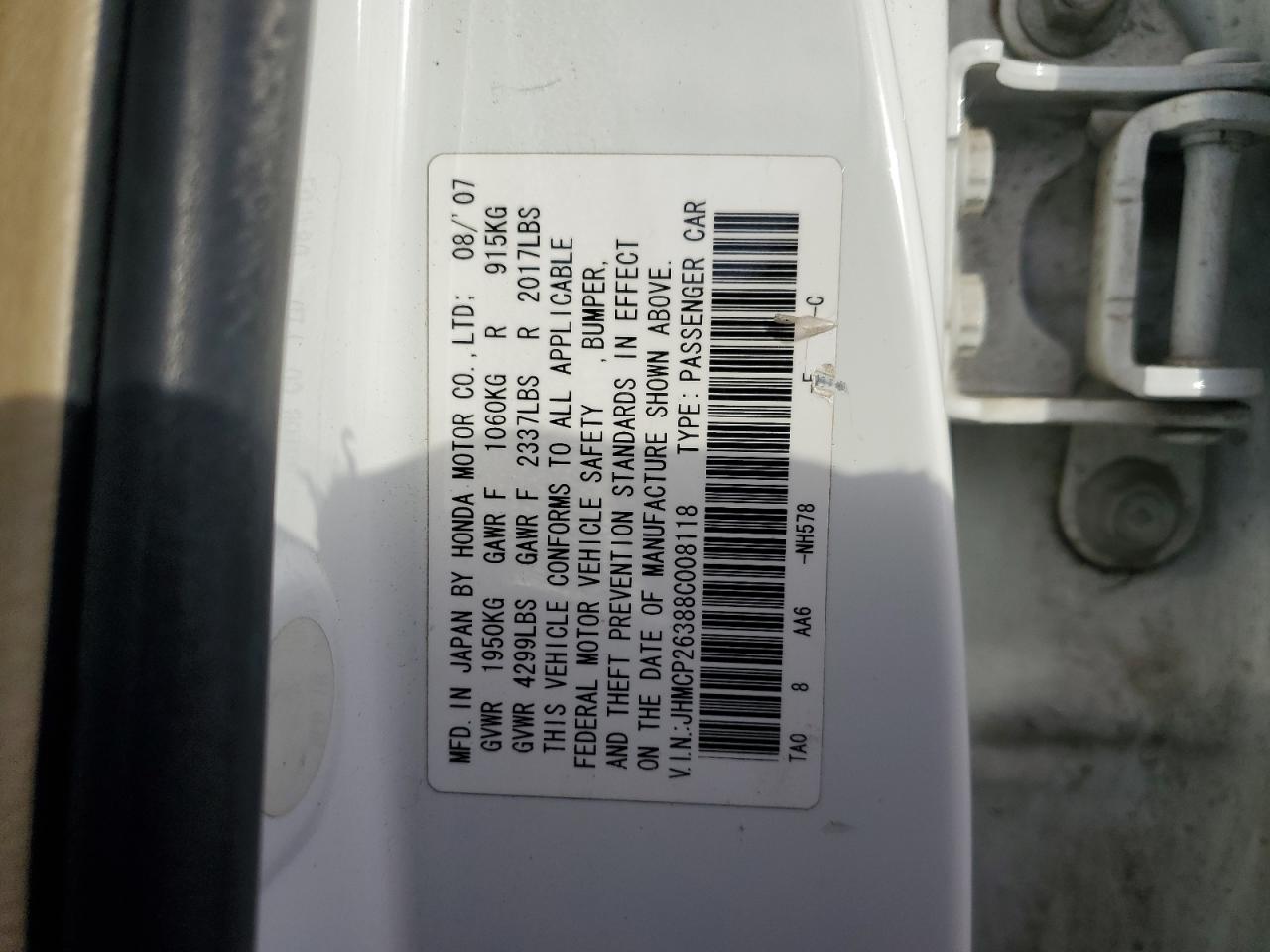 2008 Honda Accord Lx VIN: JHMCP26388C008118 Lot: 87476785