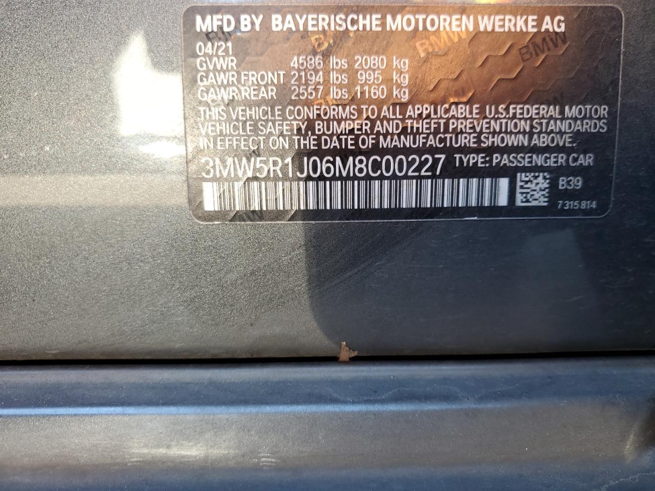 2021 BMW 330I VIN: 3MW5R1J06M8C00227 Lot: 82312625